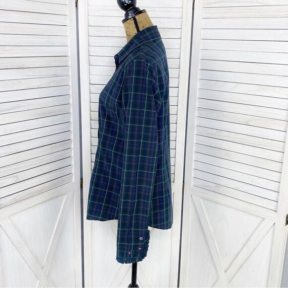 Tommy Hilfiger Plaid Ruffle Cuff Trim Button Front Shirt Green Navy Medium - Picture 2 of 15